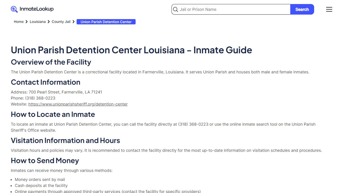 Union Parish Detention Center Inmate Search - Inmate Lookup